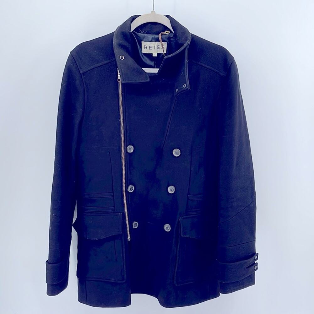 Reiss wool blend double breasted asymmetrical zip midi winter coat sz S